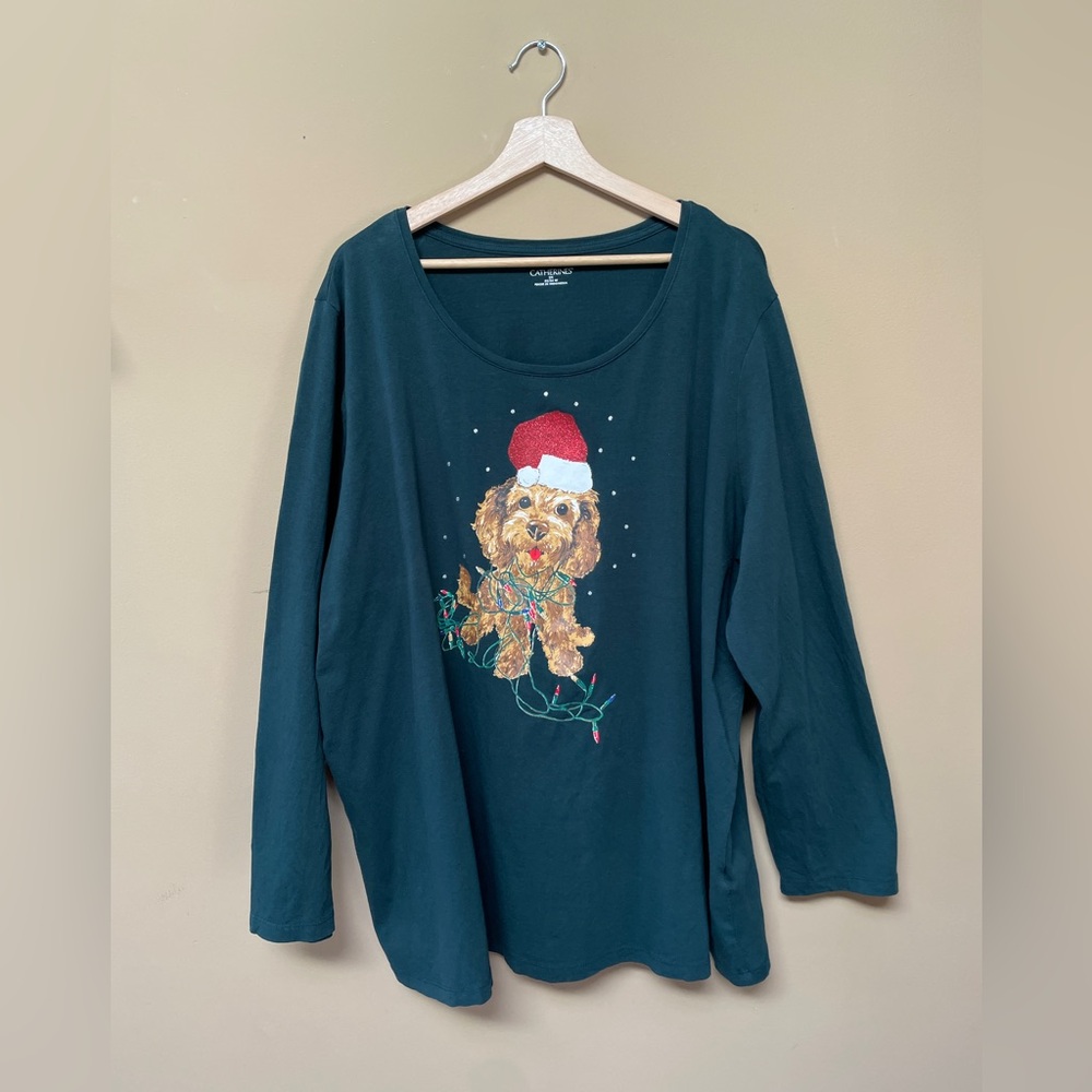 Catherines Womens Christmas Puppy Dog Shirt‎ Top 2X 22W 24W Green Sparkles Tee